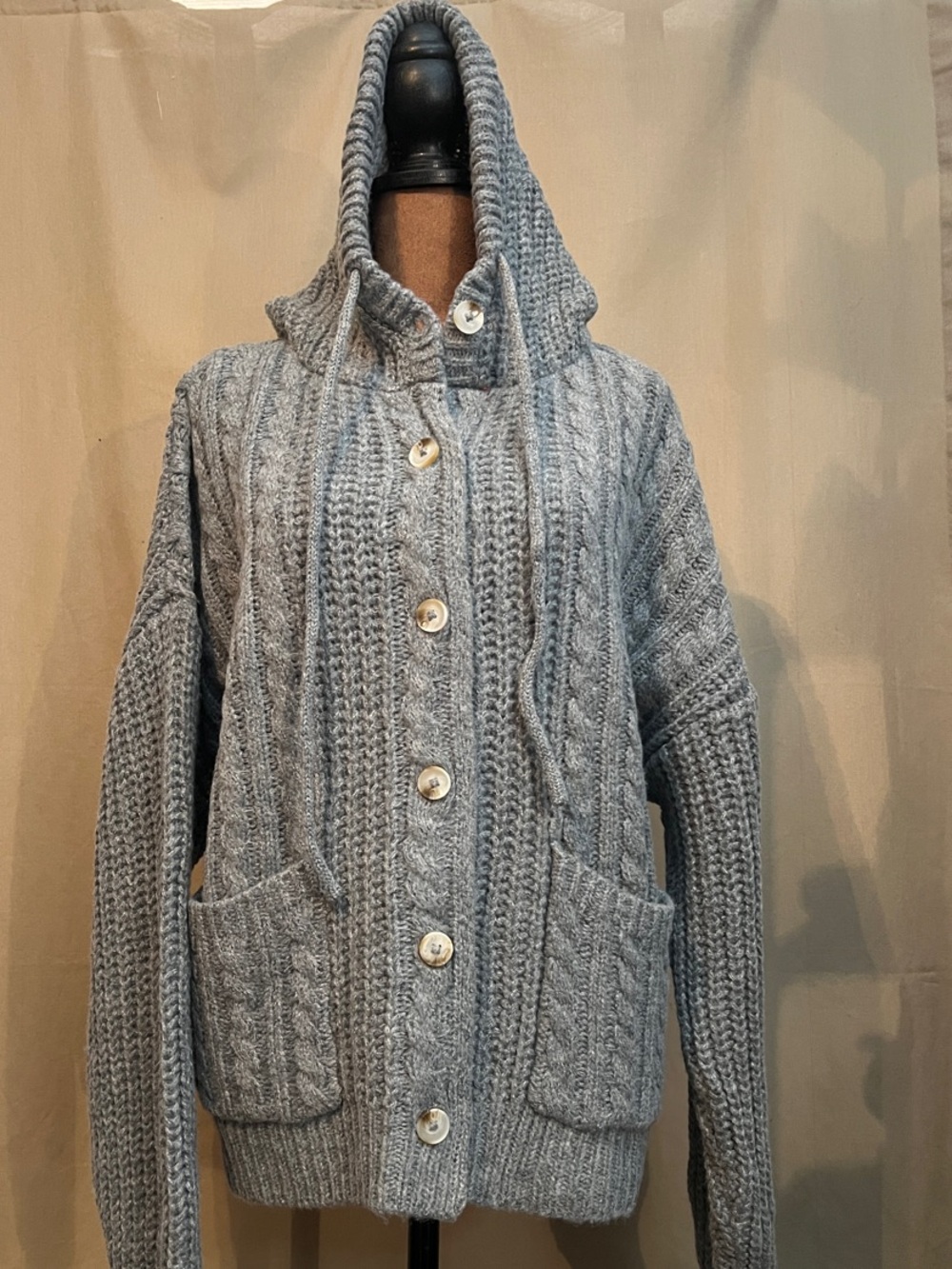 Cozy oversized Light Gray Hooded Cable Knit Cardigan Sweater